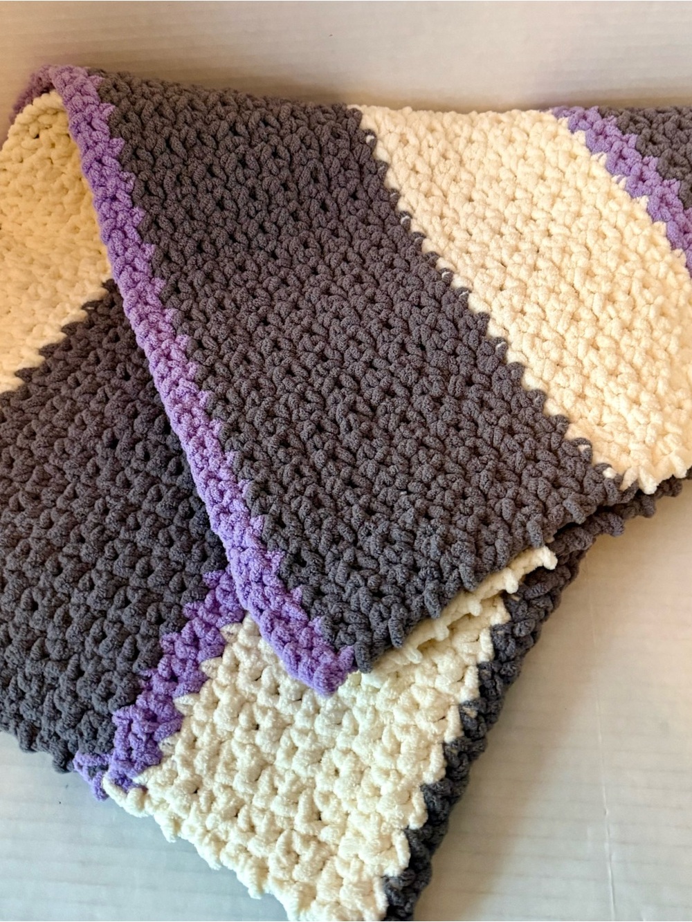 Cozy Hand-Crocheted Gray, Cream & Lavender Throw Blanket